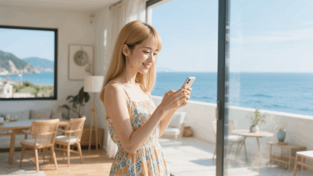 スマホを触っている日本人女性、おしゃれな自宅
